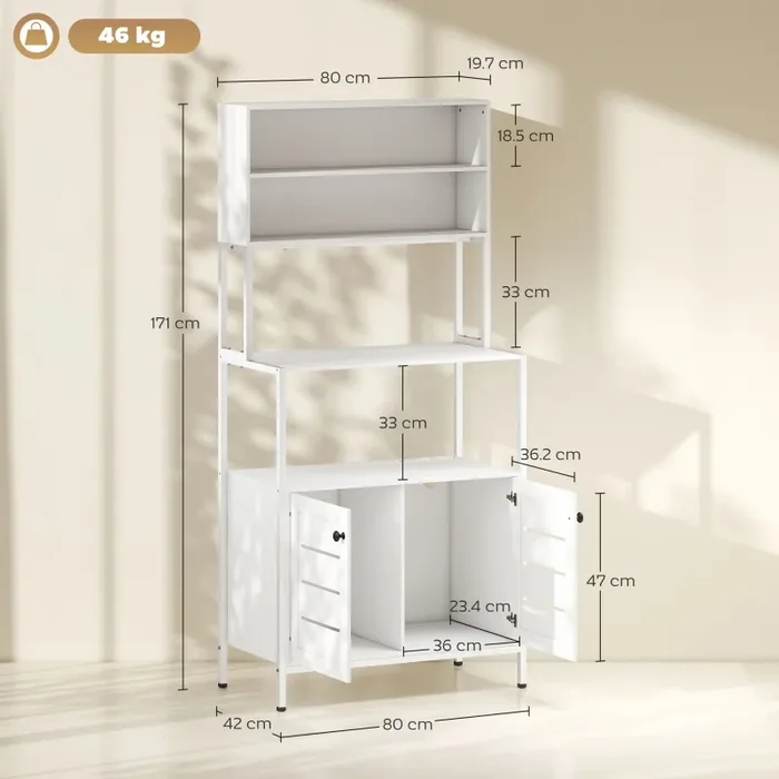 Credenza Cucina Mobile Dispensa 80x42x171 cm in Legno e Acciaio Bianco - immagine 3