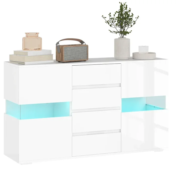 Credenza Mobile Basso Multiuso con LED Regolabile con Telecomando 120x34x70 cm Bianco
