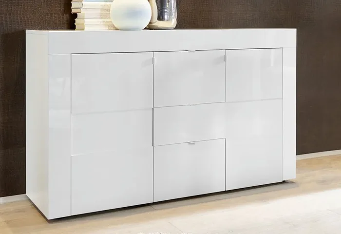 Credenza Mobile da Salotto 2 Porte 3 Cassetti 138x42x84cm TFT Build Bianco Lucido - immagine 2