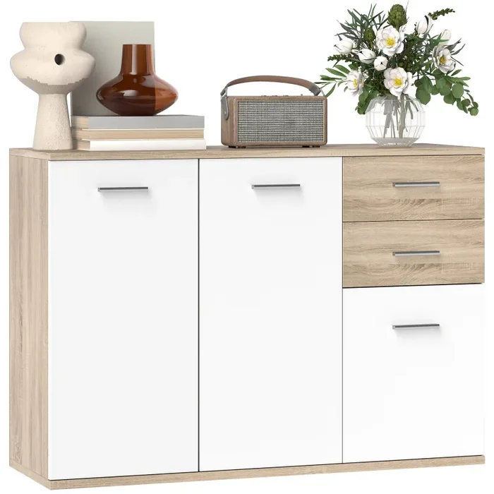 Credenza Moderna 106x35x76 cm con 3 Armadietti e 2 Cassetti color Legno
