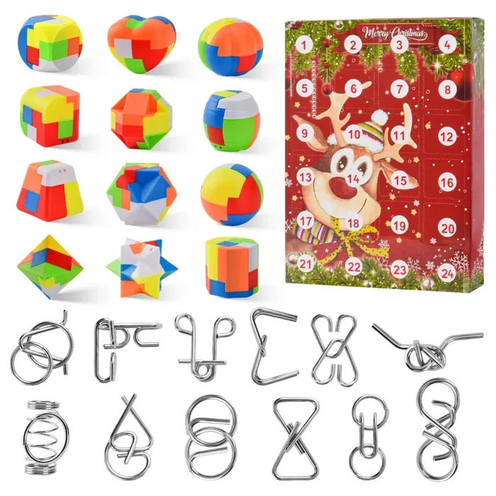 DAOUZL Calendario dell’Avvento 2024, 12 Pezzi di Rompicapo in Metallo e 12 Puzzle in Plastica 3d, Giocattolo Educativo Intelligenza Calendario Avvento per Bambini e Adulti