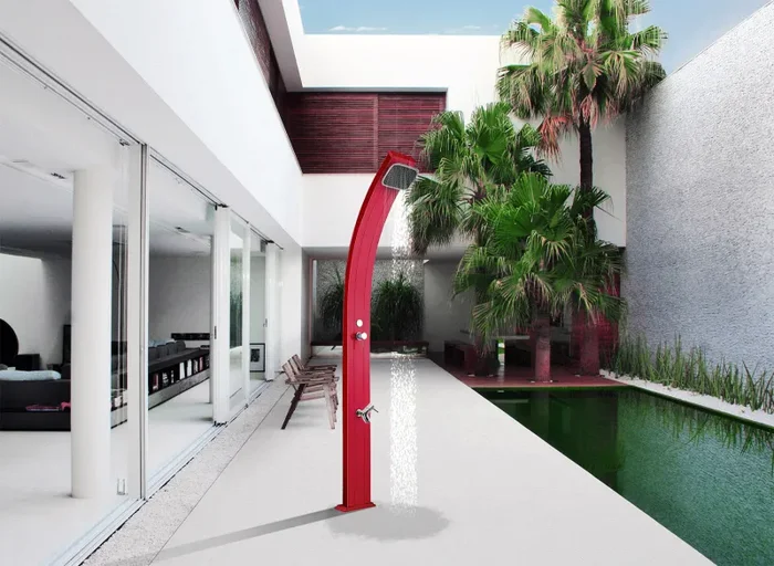 Doccia Solare da Esterno Giardino 30L Miscelatore e Lavapiedi Arkema Spring Fascia Inox Cherry - immagine 2