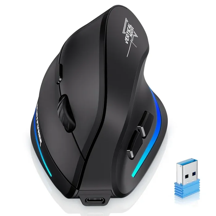 ECHTPower 2024 Upgrade Mouse Verticale Senza Fili 2.4GHz, 4800 DPI a 6 Livelli Regolabili, Porta Type-C, Scatto Silenzioso, con LED RGB, Mouse Ergonomico per Laptop, Desktop, PC, Macbook