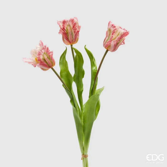 EDG Enzo De Gasperi Bouquet 3 Tulipani Parrot con Foglie Artificiali H 51 Cm Green Pink