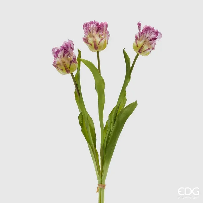 EDG Enzo De Gasperi Bouquet 3 Tulipani Parrot con Foglie Artificiali H 51 Cm Violet