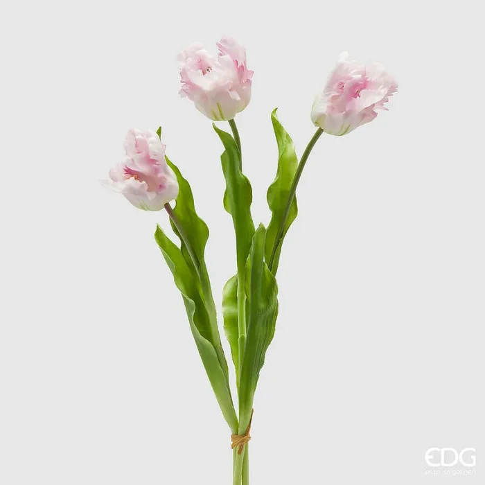 EDG Enzo De Gasperi Bouquet 3 Tulipani Parrot con Foglie Artificiali H 51 Cm White Pink