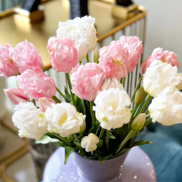 EDG Enzo De Gasperi Bouquet 3 Tulipani Parrot con Foglie Artificiali H 51 Cm White Pink - immagine 3