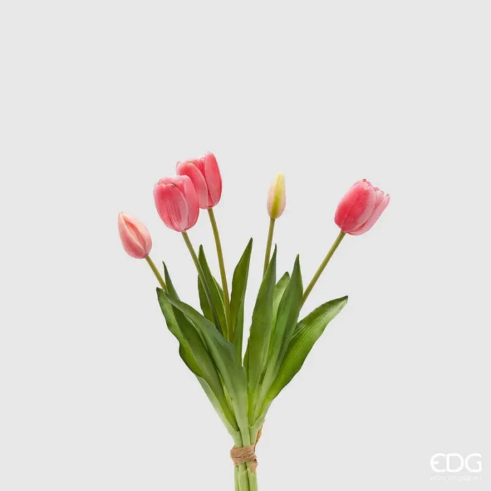 EDG Enzo De Gasperi Bouquet 5 Tulipani con Foglie Artificiali H 40 Cm Dark Pink