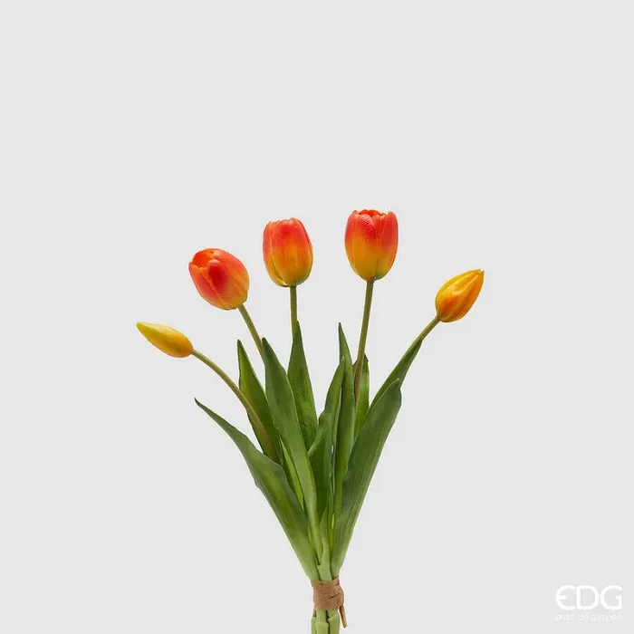 EDG Enzo De Gasperi Bouquet 5 Tulipani con Foglie Artificiali H 40 Cm Orange Red