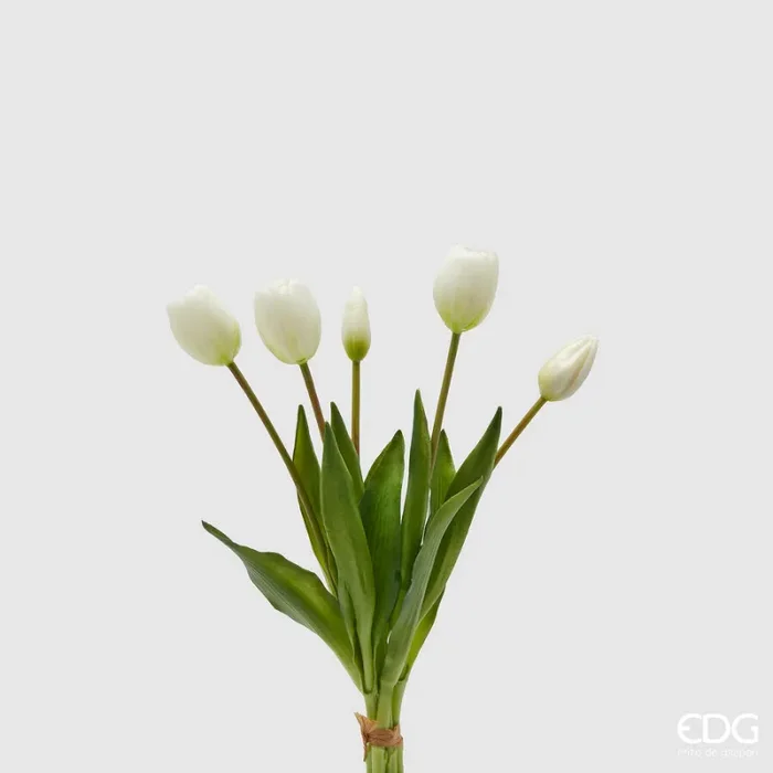 EDG Enzo De Gasperi Bouquet 5 Tulipani con Foglie Artificiali H 40 Cm White