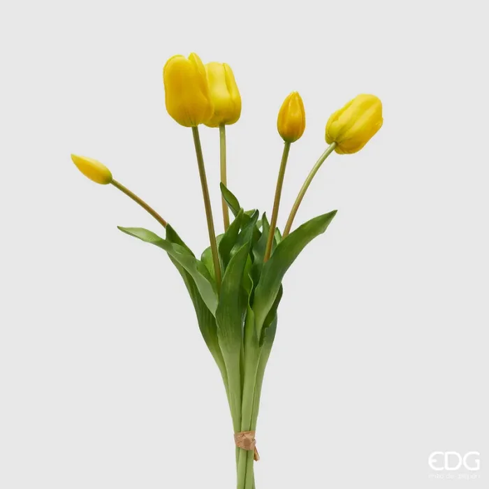 EDG Enzo De Gasperi Bouquet 5 Tulipani con Foglie Artificiali H 48 Cm Yellow