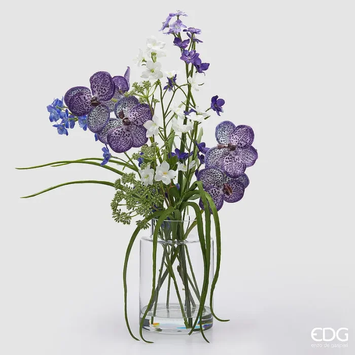 EDG Enzo De Gasperi Composizione Orchidea Phalaenopsis Artificiale H 58,5 Cm con Foglie e Vaso White Violet