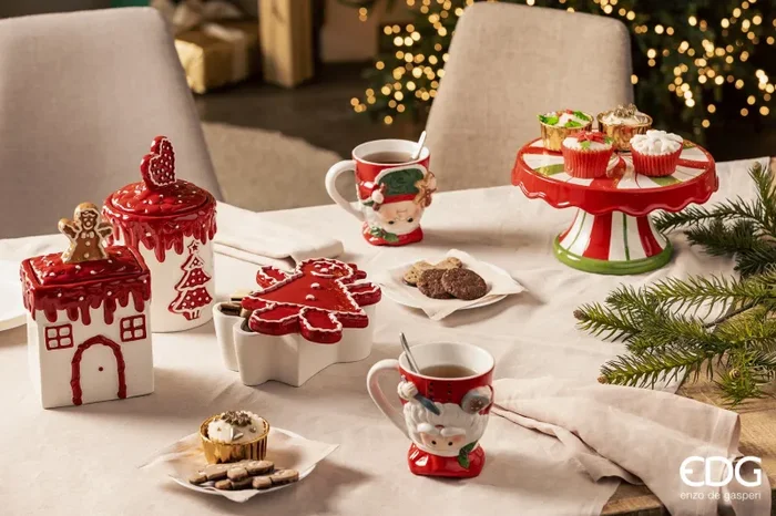 EDG Enzo De Gasperi Contenitore Natale Rotondo con Cuore H 21 Cm D 13 Cm Bianco Rosso - immagine 2