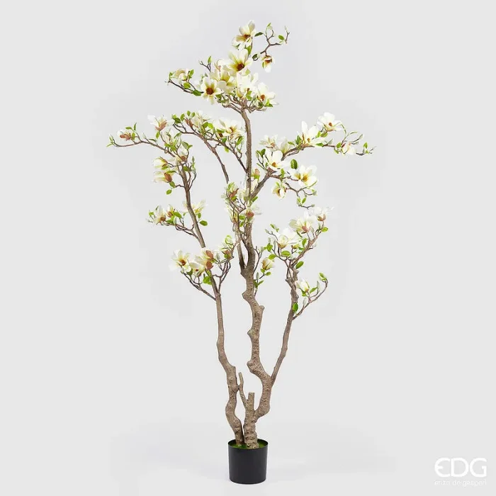 EDG Enzo De Gasperi Magnolia con Vaso, Fiori, Bocciolo e Foglie Artificiale H 215 Cm Light Yellow