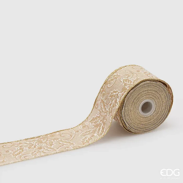 EDG Enzo De Gasperi Nastro Natale Agrifoglio H 6,5 Cm 10 Mt Avorio Oro Saldi