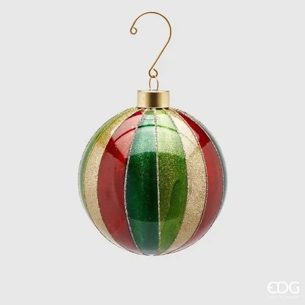 EDG Enzo De Gasperi Palla Natale Vetro Righe Glitterata Oro D 10 Cm Green Red 1 Pz