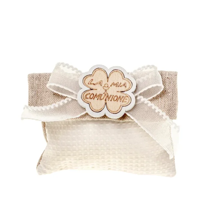 ETM Sacchetto Quadrifoglio Busta Comunione Portaconfetti 10 x 8 Cm Beige 12 Pz