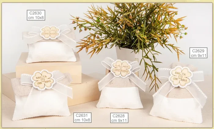 ETM Sacchetto Quadrifoglio Busta Comunione Portaconfetti 10 x 8 Cm Beige 12 Pz - immagine 2
