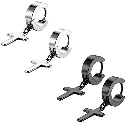 Flongo orecchini donna uomo croce forma fashion stile argento Argento + Nero