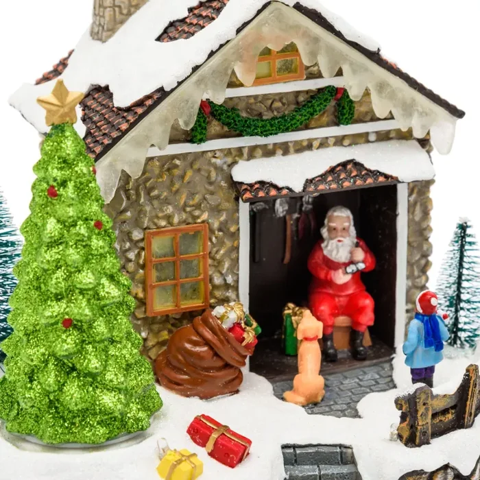 Lotti Villaggio Natale Casa di Babbo Natale H 17,5 Cm 20 x 15,5 Cm Led Musica Albero Rotante Fornitura
