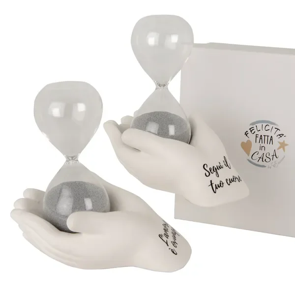 MANI BIANCHE CON FRASE IN CERAMICA CON CLESSIDRA IN VETRO (h.12cm) C/BOX- 2 MOD.ASS