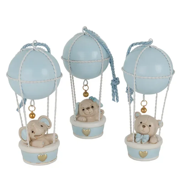 MONGOLFIERA CON ANIMALETTO IN PASTA DI CERAMICA CIELO (h.14cm)-3 SOGG. ASSORTITI