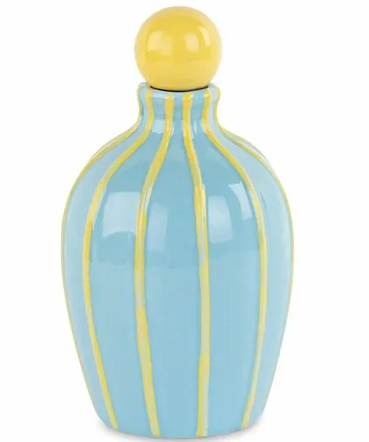OLIERA IN CERAMICA AZZURRA CON RIGHE E TAPPO IN GIALLO CON SCATOLA (9.5xh.16.5cm)