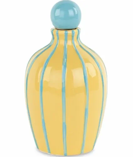 OLIERA IN CERAMICA GIALLA CON RIGHE E TAPPO IN AZZURRO CON SCATOLA (9.5xh.16.5cm) In saldo