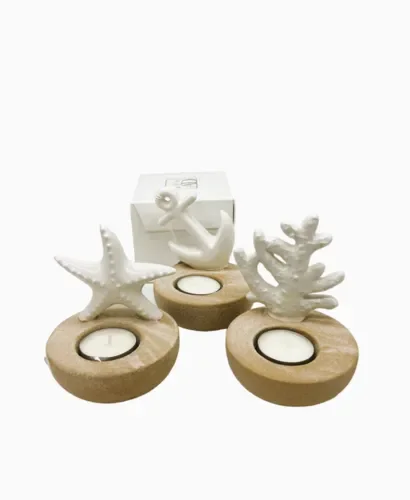 PORTA T’LIGHT IN LEGNO CON DECORO MARINO IN CERAMICA BIANCA (10×12,5cm) 3 MOD.ASSORTITI C/SCATOLA