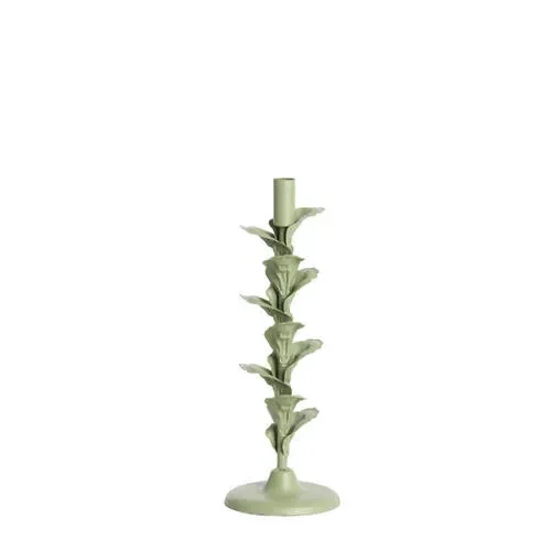 PORTACANDELE DECORATIVO CON FOGLIE IN METALLO OPACO VERDE MENTA ( Ã˜12×33 cm)