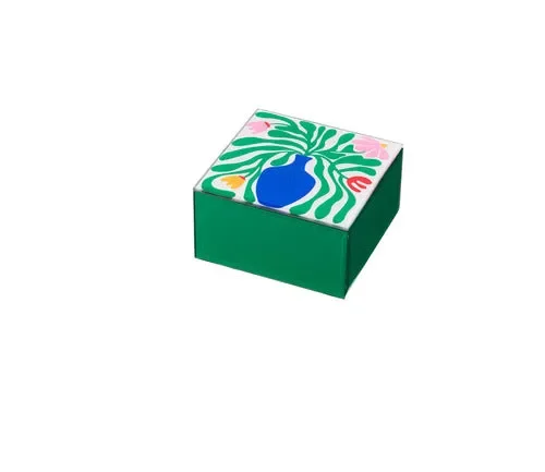 PORTAGIOIE QUADRATO IN VETRO CON DECORO FLOREALE VERDE (12x12x6.5h)