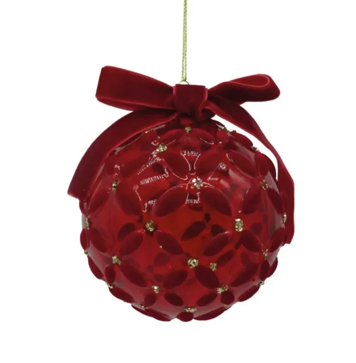 Preziosa Luxury Home Sfera Natale in Vetro con Fiori e Fiocco Velluto 10 Cm Rosso