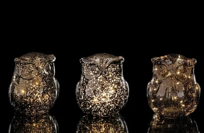 Regalo Italiano Lampada Gufo Natale Vetro Ass. con 15 Led D 16 Cm H 18 Cm Oro 1 Pz