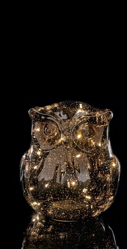 Regalo Italiano Lampada Gufo Natale Vetro Ass. con 15 Led D 16 Cm H 18 Cm Oro 1 Pz - immagine 3