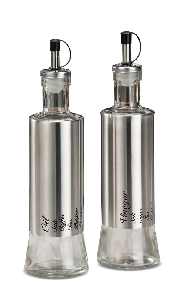 Regalo Italiano Menage in Vetro e Acciaio per Olio e Aceto 300 Ml D 7 Cm H 24,5 Cm
