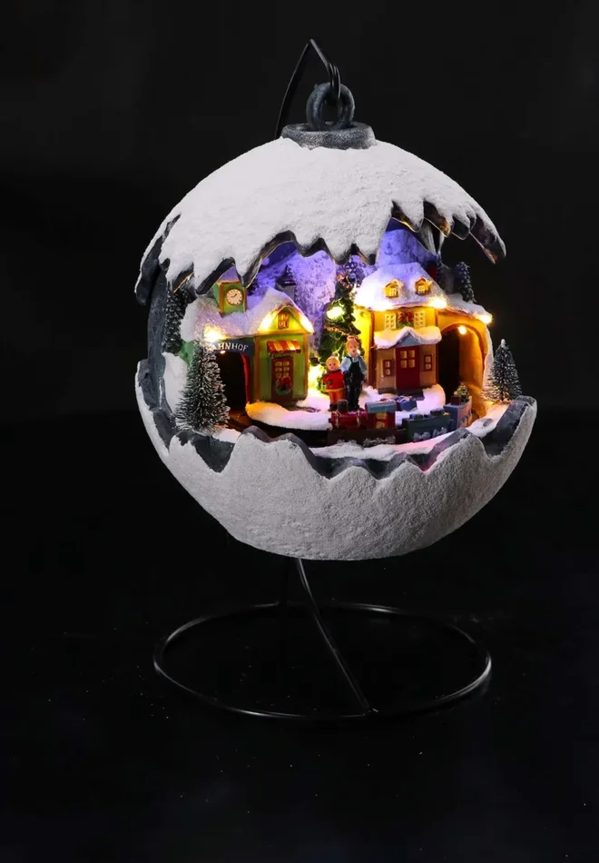Regalo Italiano Palla Paesino Invernale Natale con 16 Led D 20 Cm H 24 Cm Bianco
