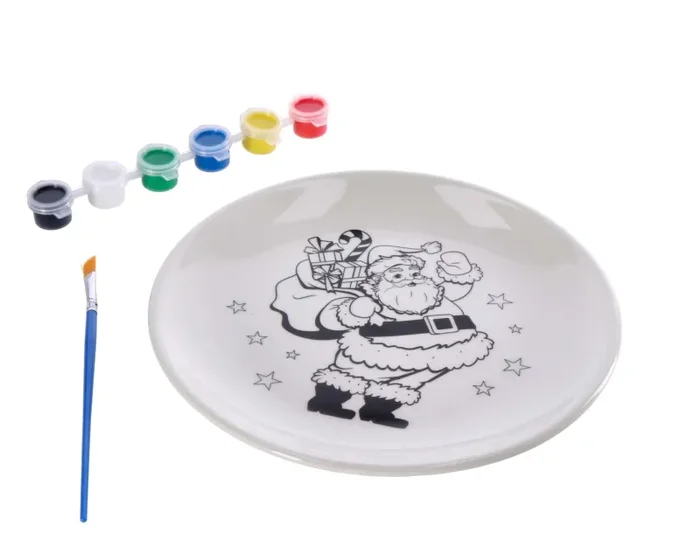 Regalo Italiano Piatto Natale con Pennello e 6 Tempere D 21 Cm Ass. Bianco 1 Pz
