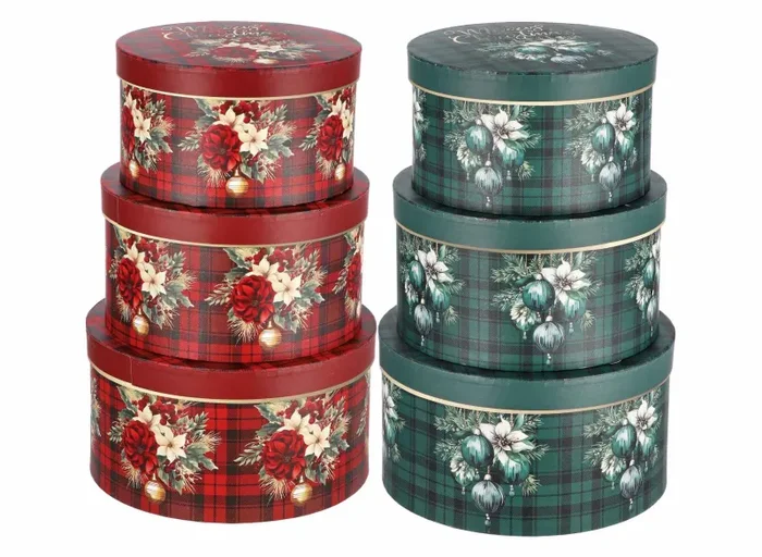 Regalo Italiano Set 3 Scatole Tonde di Natale Cartone Ass. Rosso o Verde 1 Pz