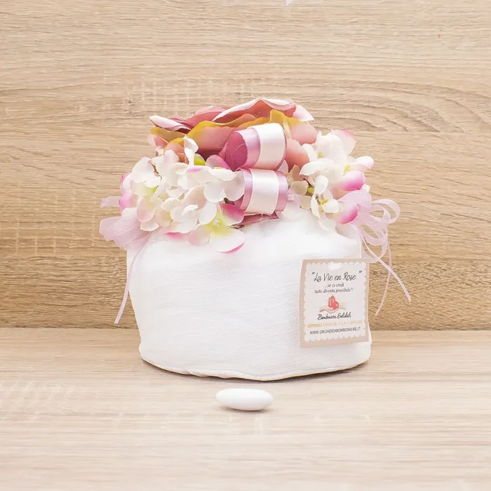 Sacchettone Alto con Ortensie e Fiore Rosa e Sali Profumati Francesi La Vie en Rose