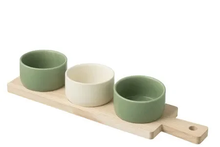 SERVIZIO TAPAS 3 CIOTOLINE VERDE/BIANCO +VASSOIO IN LEGNO (39x10x6cm)