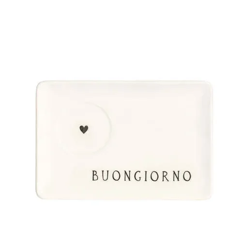 SET 2 PIATTINI PER TAZZINE ESPRESSO IN GRES PORCELLANATO BIANCO CON DECORO “BUONGIORNO” CON CUORICINO NERO (15x10cm) Online ora