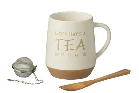 TAZZA DA TE IN PORCELLANA BIANCA+ CUCCHIAINO IN LEGNO +INFUSIONE TE (15x11x24cm)