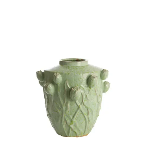 VASO CON DECORO TULIPANI IN RILIEVO IN CERAMICA VERDE MENTA (Ã˜36x36cm)