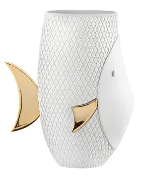 VASO PESCE IN MARMORINO BIANCO/ORO (h.30cm)