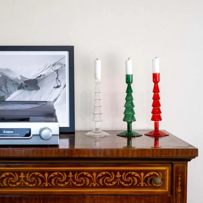 WD LifeStyle Potacandela in Vetro H 22 Cm Forma Albero di Natale Colore Rosso - immagine 2